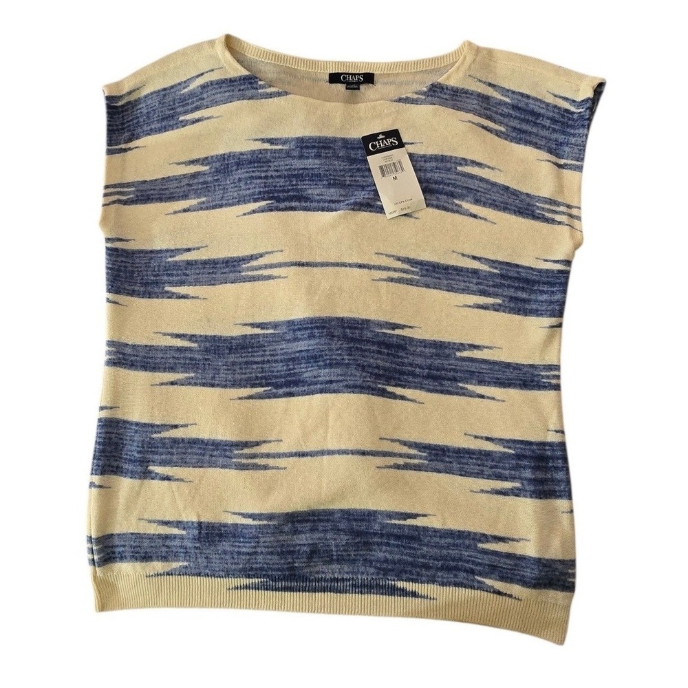 Chaps Denim Womens Blue Cream Ikat Knit Sleeveless Sweater Top‎ Size M NWT